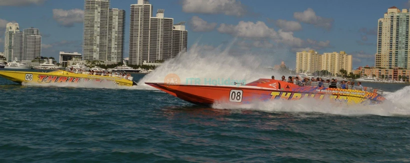 Thriller Miami Speedboat Adventures Tour - Feel the adrenaline on the Thriller Miami Speedboat Adventures Tour, a high-speed ride across Biscayne Bay past Star Island, Fisher Island, and the Miami skyline. Perfect for thrill-seekers and families, enjoy twists, turns, live narration, and celebrity home sightings. Multiple departures daily—book your Miami speedboat adventure today. Thriller Miami Speedboat Adventures Tour - Image 3 of 5