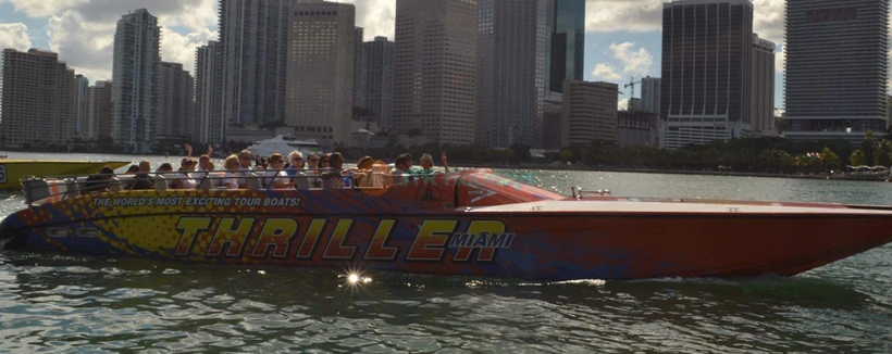 Thriller Miami Speedboat Adventures Tour - Feel the adrenaline on the Thriller Miami Speedboat Adventures Tour, a high-speed ride across Biscayne Bay past Star Island, Fisher Island, and the Miami skyline. Perfect for thrill-seekers and families, enjoy twists, turns, live narration, and celebrity home sightings. Multiple departures daily—book your Miami speedboat adventure today. Thriller Miami Speedboat Adventures Tour - Image 4 of 5