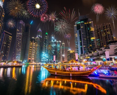 Dhow Cruise New Years Eve Dubai - Dubai New Year's Eve Cruise 2022 The best Party option to enjoy New Year's Eve this time with Dhow Dubai New Year's Eve Dinner. Enjoy a buffet dinner, live entertainment, and great views of the city. Dubai is absolutely spectacular during New Year’s Eve. Watch the city shimmering and gleaming in illuminations on this occasion and everywhere there are bustling parties, merriment and extravagant fireworks on the last evening of the year. Dhow Cruise New Years Eve Dubai - Image 2 of 5