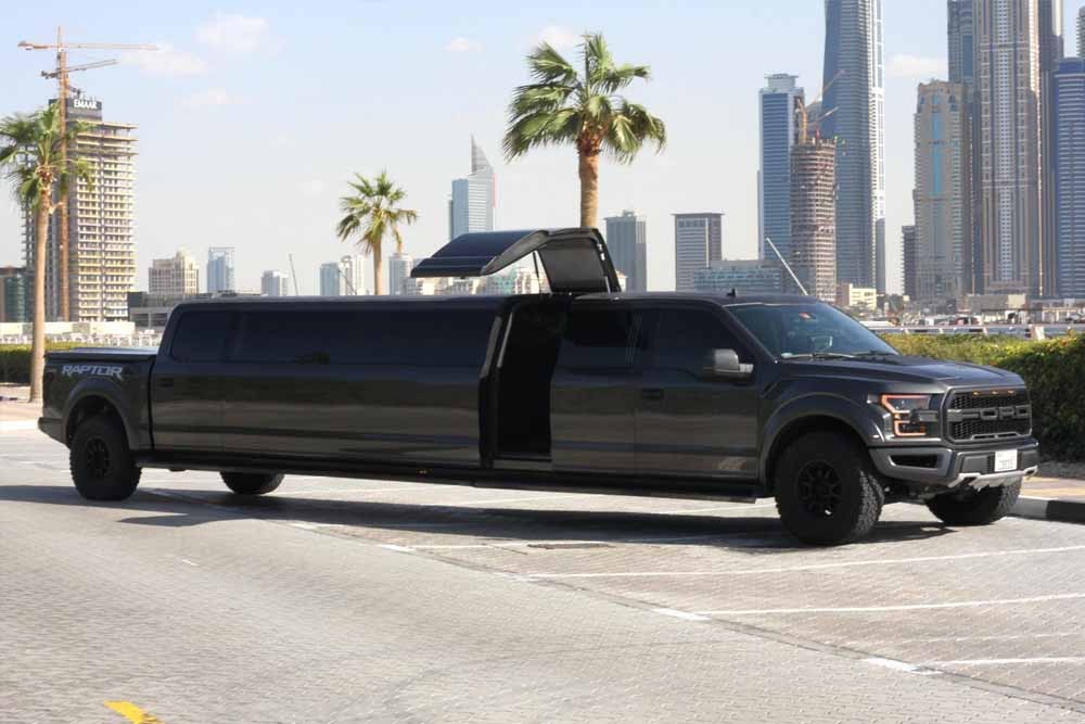 Ford Raptor Limo Dubai (21 Pax) - Enjoy a memorable ride in Dubai in our newly Ford Raptor Limo. Nothing is better than a lavish ride to explore the world's most famous city. Limo Ride in Dubai is highly recommended for special events like birthday, honeymoon couples, and a marriage proposal. Ford Raptor Limo Dubai (21 Pax) - Image 1 of 5