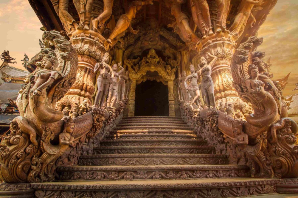 Sanctuary of Truth - Explore the breathtaking beauty of the Sanctuary of Truth, a masterpiece of wooden architecture and ancient carvings. The Sanctuary of Truth showcases intricate designs inspired by Khmer, Buddhist, and Hindu influences. Marvel at the hand-carved woodwork that decorates every corner of the Sanctuary of Truth. Standing 105 meters tall, the Sanctuary of Truth combines art, culture, and philosophy in a peaceful setting. Visit the Sanctuary of Truth to experience a blend of history and craftsmanship like never before! Sanctuary of Truth - Image 4 of 5