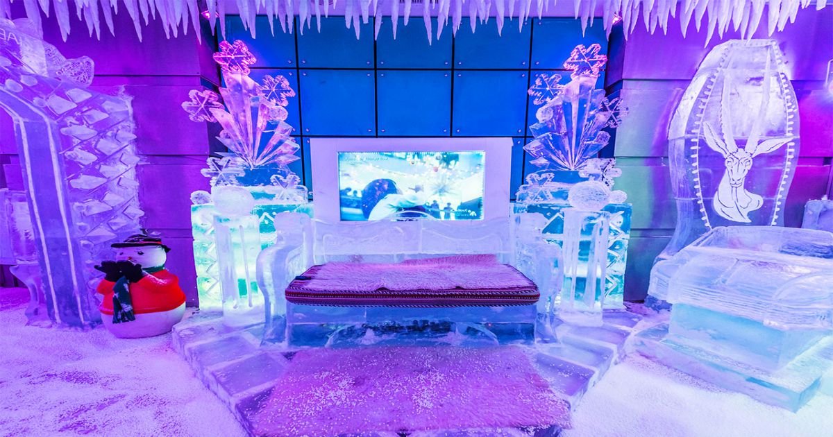 Chillout Ice Lounge Dubai - The Chillout Lounge Dubai is the first ice lounge in the Middle East. A place which is spellbinding with its ice sculptures, ice seating and tables and a uniquely illuminated interior, all at a subzero temperature. The lounge serves hot soups, sandwiches, juices, hot chocolates, coffee, tea and a variety of deserts, mock-tails, and confectionary, making it the first of its kind in the world to serve hot food & beverages. Chillout Ice Lounge Dubai - Image 3 of 5