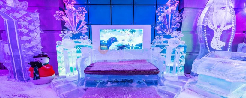 Chillout Ice Lounge Dubai - The Chillout Lounge Dubai is the first ice lounge in the Middle East. A place which is spellbinding with its ice sculptures, ice seating and tables and a uniquely illuminated interior, all at a subzero temperature. The lounge serves hot soups, sandwiches, juices, hot chocolates, coffee, tea and a variety of deserts, mock-tails, and confectionary, making it the first of its kind in the world to serve hot food & beverages. Chillout Ice Lounge Dubai - Image 3 of 5