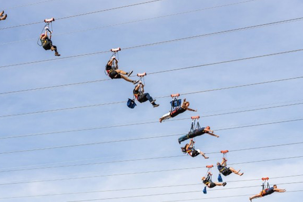 Tyrolienne FlyLINQ Las Vegas - Vivez les sensations de la tyrolienne FlyLINQ à Las Vegas et planez à 114 pieds au-dessus du Strip. Profitez d'un accès coupe-file pour éviter les longues files d'attente et bénéficiez d'une vue unique sur les rues animées en contrebas. Parfaite pour les amateurs de sensations fortes, les familles et les amis, cette tyrolienne offre une aventure inoubliable de jour comme de nuit. Tyrolienne FlyLINQ Las Vegas - Image 4 sur 5