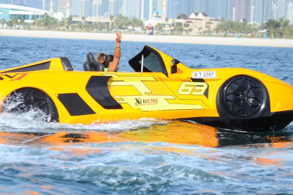 Xtreme Jet Car Dubai - Experience the thrill of Xtreme Jet Car Dubai, where you can drive a car on water and speed across the waves in style. Xtreme Jet Car Dubai offers a unique and luxurious ride with comfortable seating and a sleek design. Enjoy breathtaking views of Burj Al Arab and Atlantis, The Palm while cruising the coastline. Whether you're a thrill-seeker or a first-time rider, Xtreme Jet Car Dubai guarantees an unforgettable adventure. Book your ride today and discover the excitement of Xtreme Jet Car Dubai on the stunning waters of Dubai! Xtreme Jet Car Dubai - Image 4 of 5